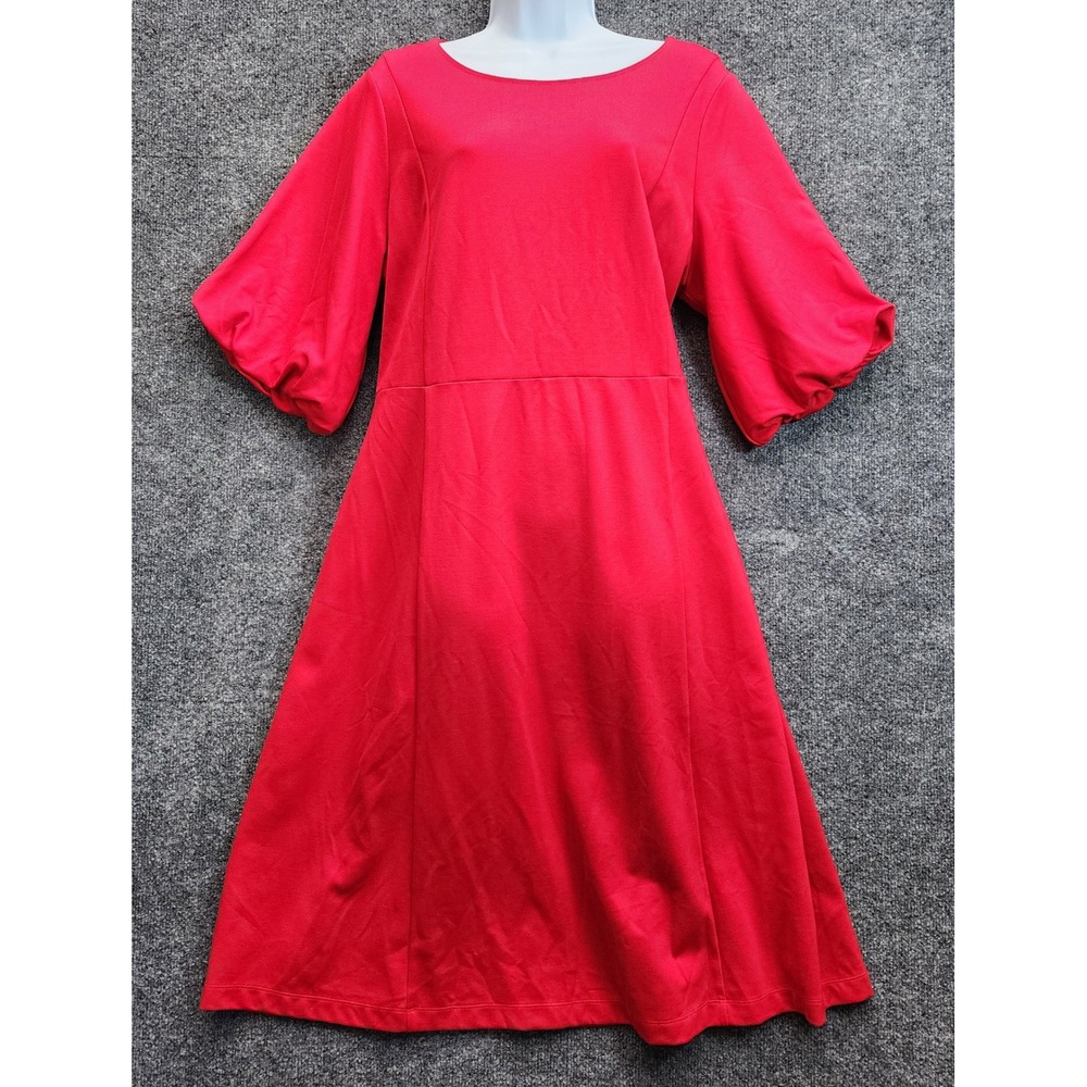 J.Jill Womens Red Puff Sleeve Fit & Flare Knit Dress Romantic Holiday Workwear L